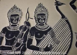 Framed Traditional Asian Thai Woodblock Temple Rubbing Of Musicians And Dancers.