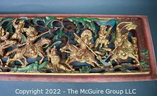 Asian Carved Red & Gilt Painted Wood Panel.  16" x 43"