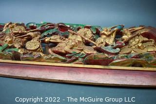 Asian Carved Red & Gilt Painted Wood Panel.  16" x 43"