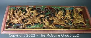 Asian Carved Red & Gilt Painted Wood Panel.  16" x 43"