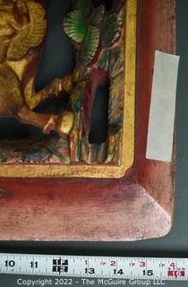 Asian Carved Red & Gilt Painted Wood Panel.  16" x 43"