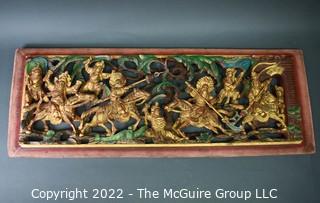 Asian Carved Red & Gilt Painted Wood Panel.  16" x 43"