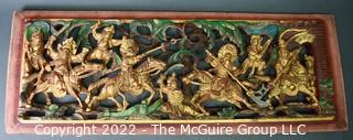 Asian Carved Red & Gilt Painted Wood Panel.  16" x 43"