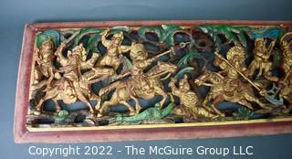 Asian Carved Red & Gilt Painted Wood Panel.  16" x 43"