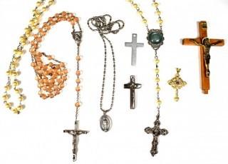 Group of Religious Jewelry Including Rosary Beads and Crucifixes.