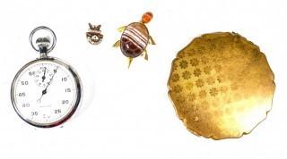 Stop Watch, Powder Compact and Brooches