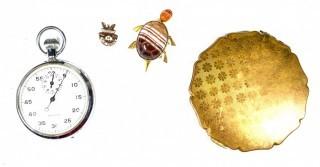 Stop Watch, Powder Compact and Brooches