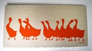 Vintage Marushka Stretch Framed Sillk Screen on Linen Canvas of Orange Ducks 