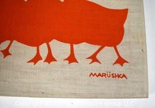 Vintage Marushka Stretch Framed Sillk Screen on Linen Canvas of Orange Ducks 