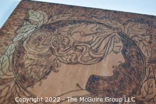 Art Nouveau Style Carved And Tooled Linoleum Panel of Women's Head In Profile. 10" X 10"