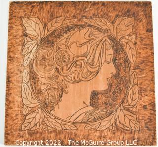 Art Nouveau Style Carved And Tooled Linoleum Panel of Women's Head In Profile. 10" X 10"