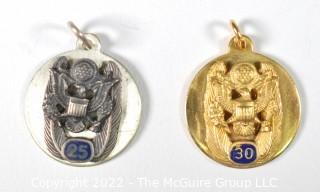 Unmarked 14 KT Gold and Sterling Silver US Government Service (25 & 30 Years) Awards Made by His Lordship, NYC.  Gold Pendant Weighs 4 grams. (Description altered 3-17-22 @ 10:54am ET)
