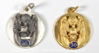 Unmarked 14 KT Gold and Sterling Silver US Government Service (25 & 30 Years) Awards Made by His Lordship, NYC.  Gold Pendant Weighs 4 grams. (Description altered 3-17-22 @ 10:54am ET)
