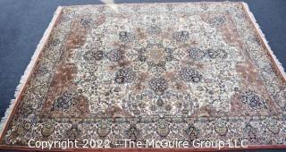 Vintage 100% Wool Machine Made Cream and Sienna Back Ground Persian Style Design Rug Royal Carpet Factory Madrid Spain 1976. Measures  8' 4" x 9' 8". Includes new 100% wool carpet pad w/skid-resistant side. Moth-Proofed. Contains 27 colors of wool!