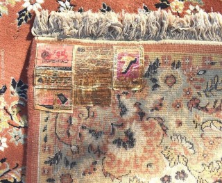 Vintage 100% Wool Machine Made Persian Style Rug on Sienna Background Made Antonio Perez Adsuar, SA Imperial Carpets, Spain. Royal Carpet Factory Madrid Spain 1976. Measures 6' 6" x 9' 9" Includes new 100% wool carpet pad w/skid-resistant side. Moth-proofed. Excellent Condition.  