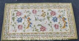 Vintage 100% Wool Machine Made Floral Rug. Green Rose and Blue on Cream. Royal Carpet Factory Madrid Spain 1976.  2'3" x 4'5" Includes new 100% wool carpet pad w/skid-resistant side. Moth-proofed. Very Good Condition. Mated Pair with lot# 0320EC.