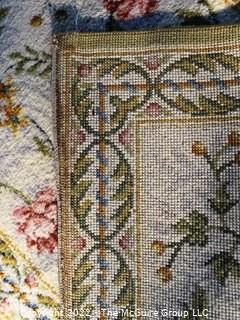 Vintage 100% Wool Machine Made Floral Rug. Green Rose and Blue on Cream. Royal Carpet Factory Madrid Spain 1976.  2'3" x 4'5" Includes new 100% wool carpet pad w/skid-resistant side. Moth-proofed. Very Good Condition. Mated Pair with lot# 0320EC.