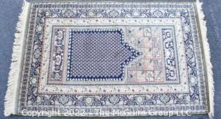 Vintage 100% Wool Machine Made Prayer Rug Style on Blue Ground. Royal Carpet Factory Madrid Spain 1976. Measures 3' 3" x 5' 1". Includes new 100% wool carpet pad w/skid-resistant side. Fair-Good condition. Moth-proofed.