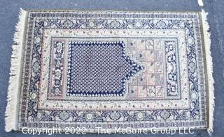 Vintage 100% Wool Machine Made Prayer Rug Style on Blue Ground. Royal Carpet Factory Madrid Spain 1976. Measures 3' 3" x 5' 1". Includes new 100% wool carpet pad w/skid-resistant side. Fair-Good condition. Moth-proofed.