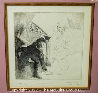 Art: Framed under glass numbered print by El Salvador born surrealist artist Benjamin Cañas (1933-1987) titled "Francis & Napoleon" dated 1983.