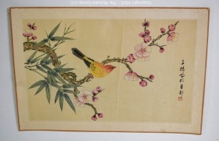 Art: Japanese print yellow bird and Cherry Blossoms. 