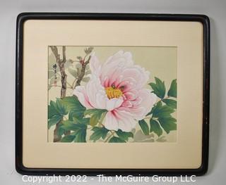 Art: Framed print, Peony flower with insects by unknown oriental artist, stamp block signed