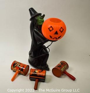 Vintage Halloween Noise Makers and Electric Witch and Jack-o-lantern lamp