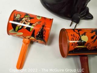 Vintage Halloween Noise Makers and Electric Witch and Jack-o-lantern lamp