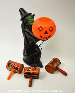 Vintage Halloween Noise Makers and Electric Witch and Jack-o-lantern lamp