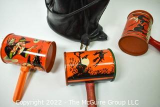 Vintage Halloween Noise Makers and Electric Witch and Jack-o-lantern lamp