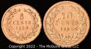 Coins: Willem III Dutch 1858 5 Cent coin & 1885 10 Cent Coin