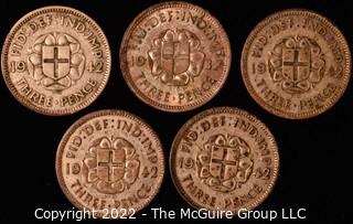 Coins: (5) English 3 Pence Coins: (1) 1937 & (4) 1942