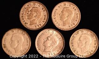 Coins: (5) English 3 Pence Coins: (1) 1937 & (4) 1942