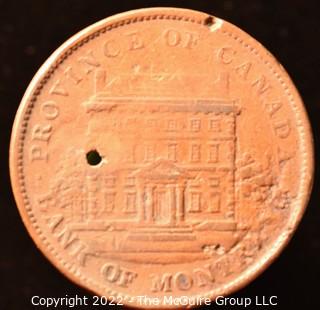 Coin: 1842 BANK OF MONTREAL, PROVINCE OF CANADA ONE PENNY TOKEN (damaged)