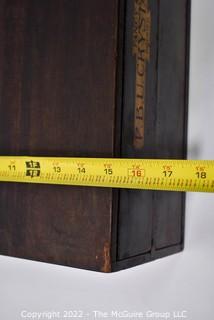 Antique Wooden Two Drawer Cabinet with Wooden Pulls. Stenciled "Fancy P.B.U. Crystaloids". Measures 16W x 16D x 6"T