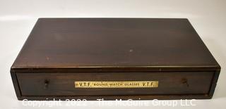 Vintage Single Drawer "V.T.F. Round Watch Glass" Case with Wooden Dividers. Measures 20W x 12D x 3"T 