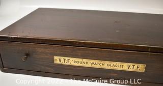 Vintage Single Drawer "V.T.F. Round Watch Glass" Case with Wooden Dividers. Measures 20W x 12D x 3"T 