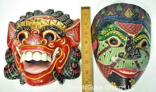 Two (2) Wood Hand Carved & Painted Asian Face Masks, Ethnographic.  Including Dragon Mask. 