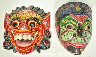 Two (2) Wood Hand Carved & Painted Asian Face Masks, Ethnographic.  Including Dragon Mask. 