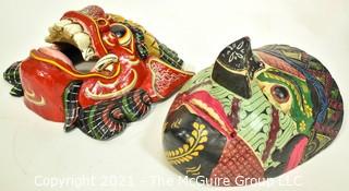 Two (2) Wood Hand Carved & Painted Asian Face Masks, Ethnographic.  Including Dragon Mask. 