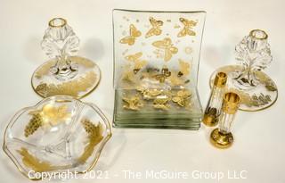 Group of Mid-Century Glass with Gold Decoration, Includes Hand Painted Gilt Salt & Pepper Shakers,  Candle Sticks, Fruit Bowl, and Six (6) Plates by Georges Briard.