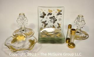 Group of Mid-Century Glass with Gold Decoration, Includes Hand Painted Gilt Salt & Pepper Shakers,  Candle Sticks, Fruit Bowl, and Six (6) Plates by Georges Briard.