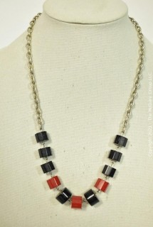 Vintage Mid Century Red & Black Chunky Bead Bakelite Necklace on Chain. With Extra Pieces. 