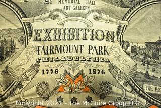 1876 Centennial International Exhibition, Fairmont Park Philidelphia Wool Souvenir Scarf.  Measures 26" Square. Some fraying to edge. 