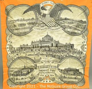 1876 Centennial International Exhibition, Fairmont Park Philidelphia Wool Souvenir Scarf.  Measures 26" Square. Some fraying to edge. 