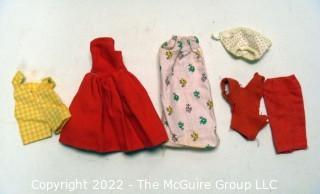 Collection of Vintage Unlabeled Doll Clothing and Accessories in Case. Most Handmade.