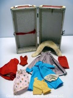 Collection of Vintage Unlabeled Doll Clothing and Accessories in Case. Most Handmade.