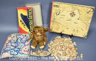 Group of Vintage Toys and Games.  Includes 1930's Knickerbocker Brown Mohair Teddy Bear, Transatlantic Board Game, Empty Scrapbook with Total War Battle Map Covers By Chase, Ernest Dudley & Scrabble Wood Game Pieces. 