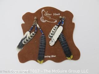 Sterling earrings with feathers from Snowy Owl, Peregrine Falcon and Harris Hawk - #1182