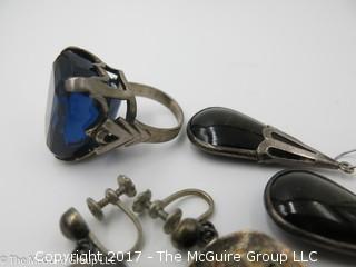 Collection of jewelry including sterling ring (size 7 3/4); and 2 pair of earrings, one sterling - #1185 